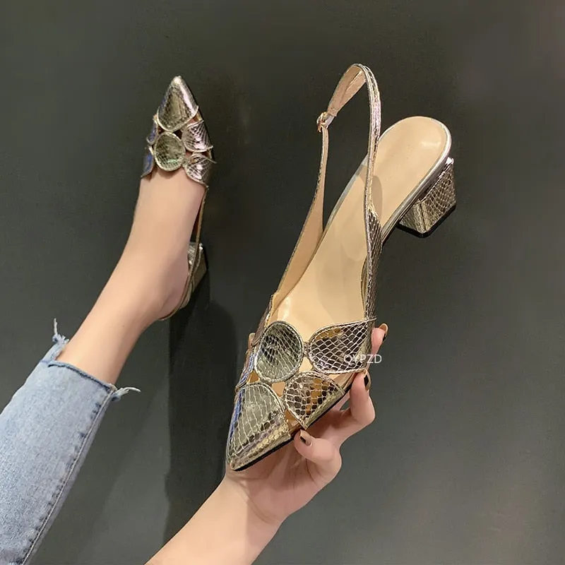 Amozae-2024 Fashion Women Leather 3cm High Heels Lady Pointe Toe Gold Heels Sandals Female Wedding Bridal Shoes