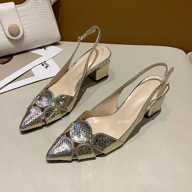 Amozae-2024 Fashion Women Leather 3cm High Heels Lady Pointe Toe Gold Heels Sandals Female Wedding Bridal Shoes