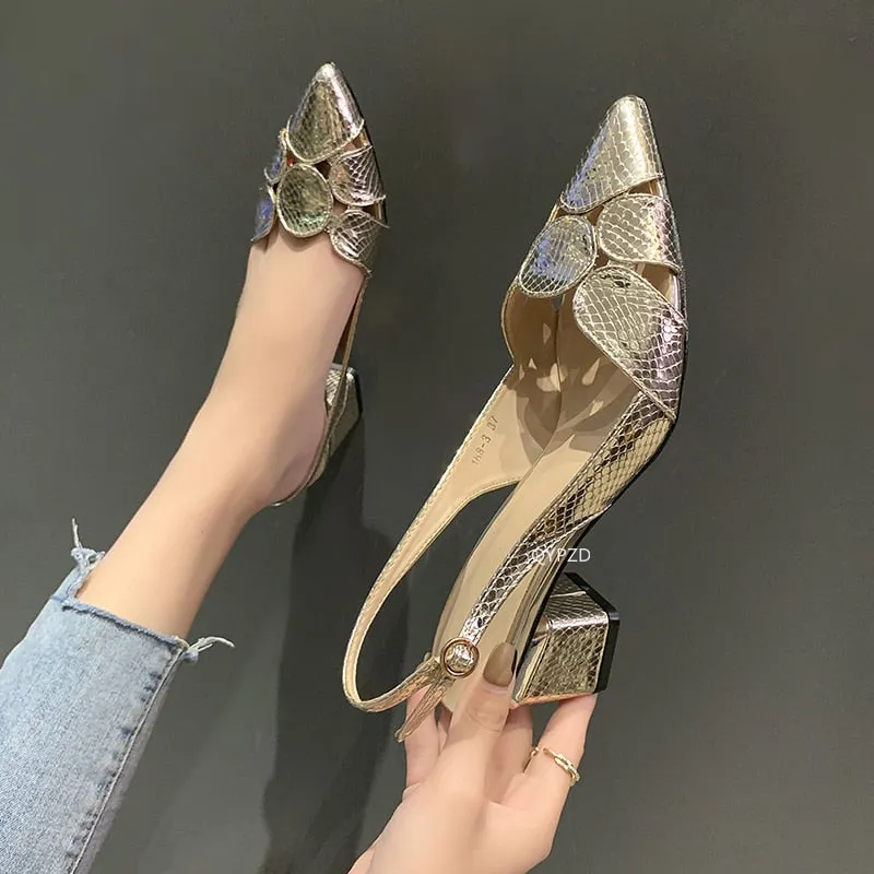 Amozae-2024 Fashion Women Leather 3cm High Heels Lady Pointe Toe Gold Heels Sandals Female Wedding Bridal Shoes