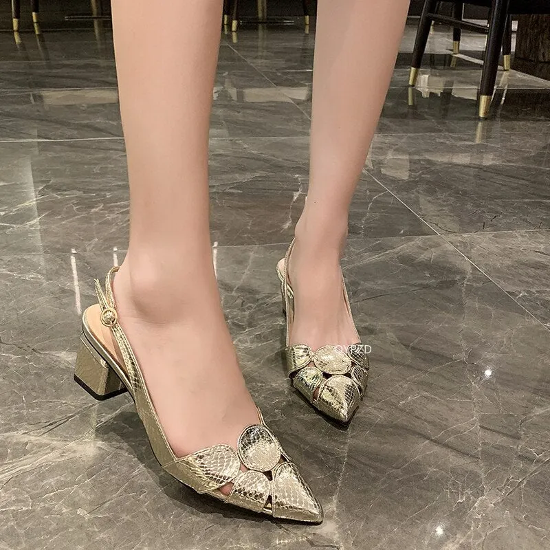 Amozae-2024 Fashion Women Leather 3cm High Heels Lady Pointe Toe Gold Heels Sandals Female Wedding Bridal Shoes
