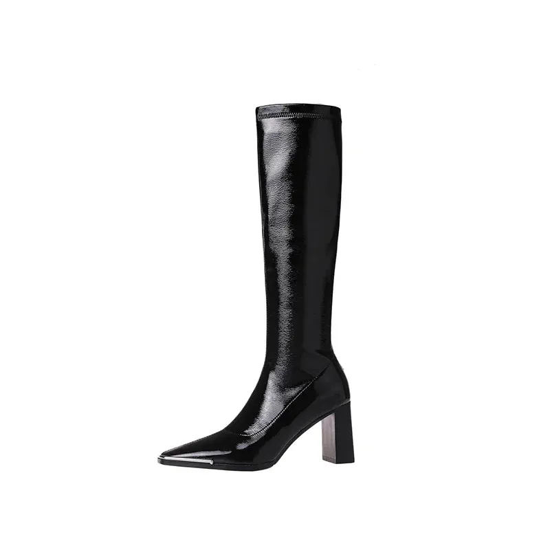 Amozae-Designer Women High Boots Fashion Square High Heel Ladies Elegant Square Toe Long Booties Winter Cotton Women's Footwear