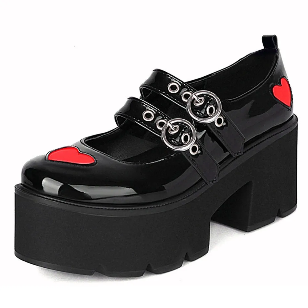 Amozae- Girls Autumn School Shoes Woman Fashion Marry Jane Pumps Women Round Toe Platform Chunky High Heel Shoes Woman Heart-shaped