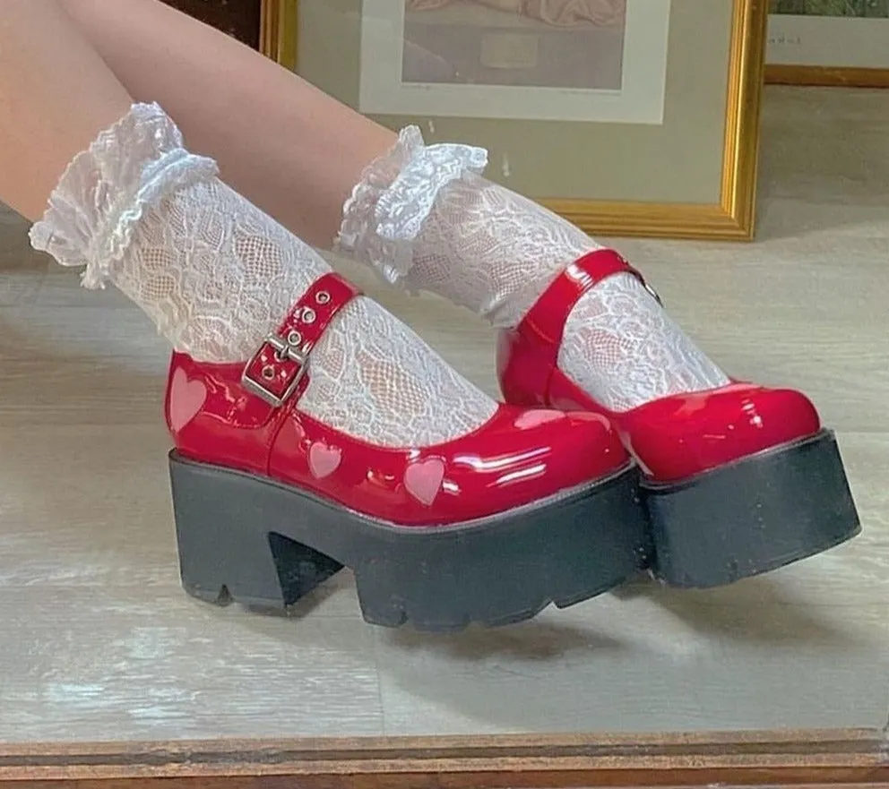 Amozae- Girls Autumn School Shoes Woman Fashion Marry Jane Pumps Women Round Toe Platform Chunky High Heel Shoes Woman Heart-shaped