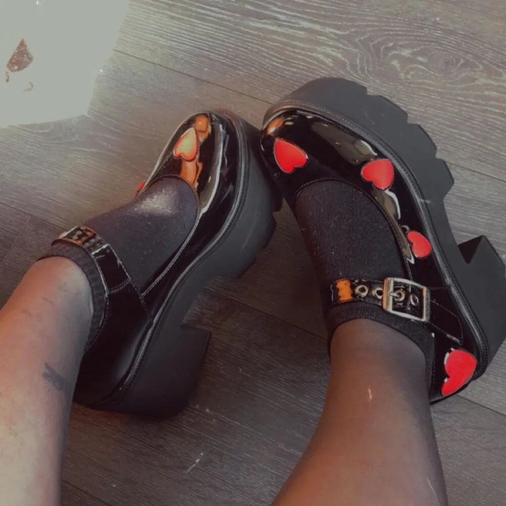Amozae- Girls Autumn School Shoes Woman Fashion Marry Jane Pumps Women Round Toe Platform Chunky High Heel Shoes Woman Heart-shaped
