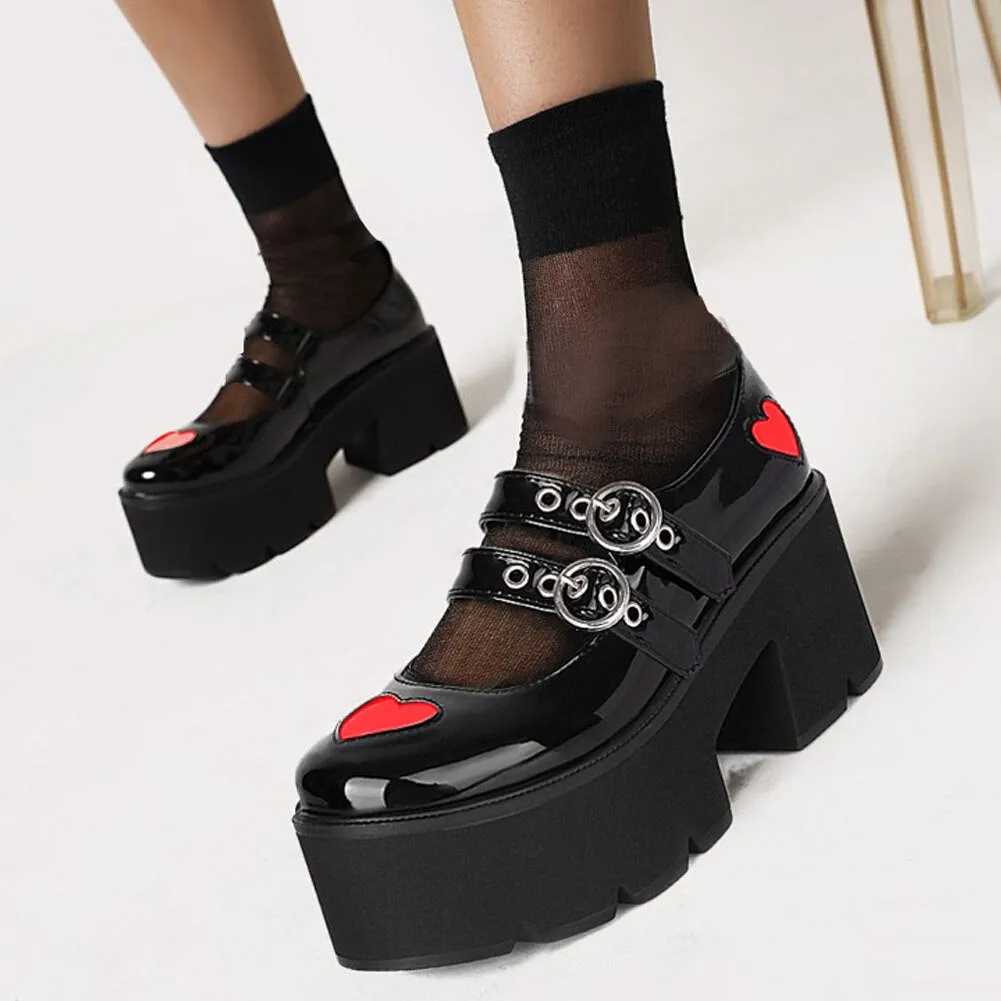 Amozae- Girls Autumn School Shoes Woman Fashion Marry Jane Pumps Women Round Toe Platform Chunky High Heel Shoes Woman Heart-shaped