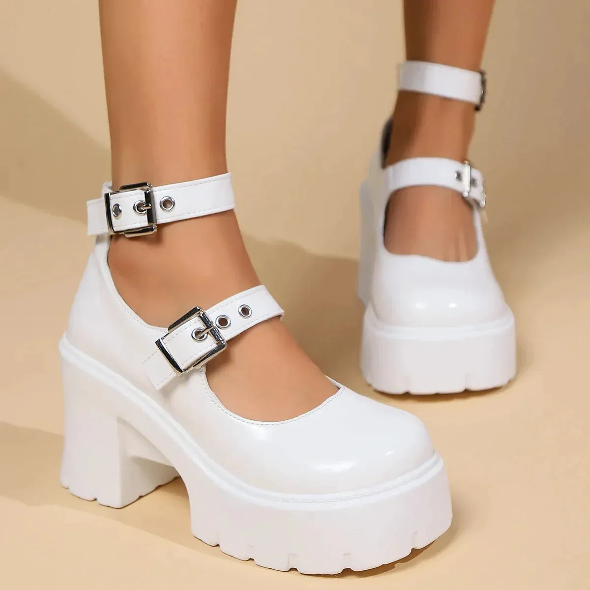 AMOZAE- - Gothic Chunky Platform Pumps for Women Super High Heels Ankle Strap