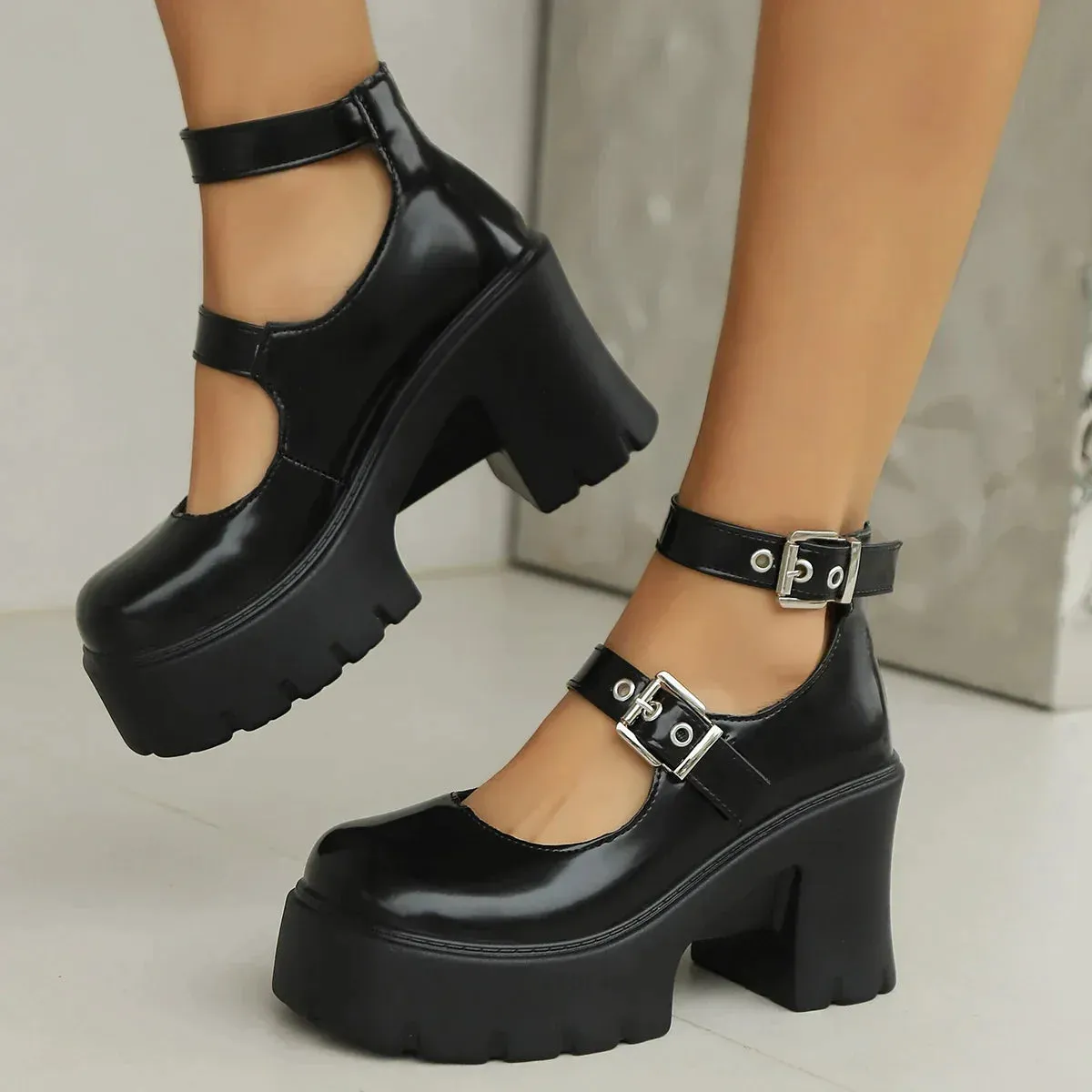 AMOZAE- - Gothic Chunky Platform Pumps for Women Super High Heels Ankle Strap