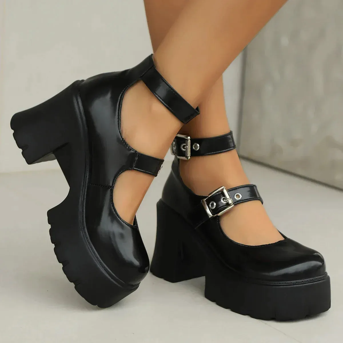 AMOZAE- - Gothic Chunky Platform Pumps for Women Super High Heels Ankle Strap