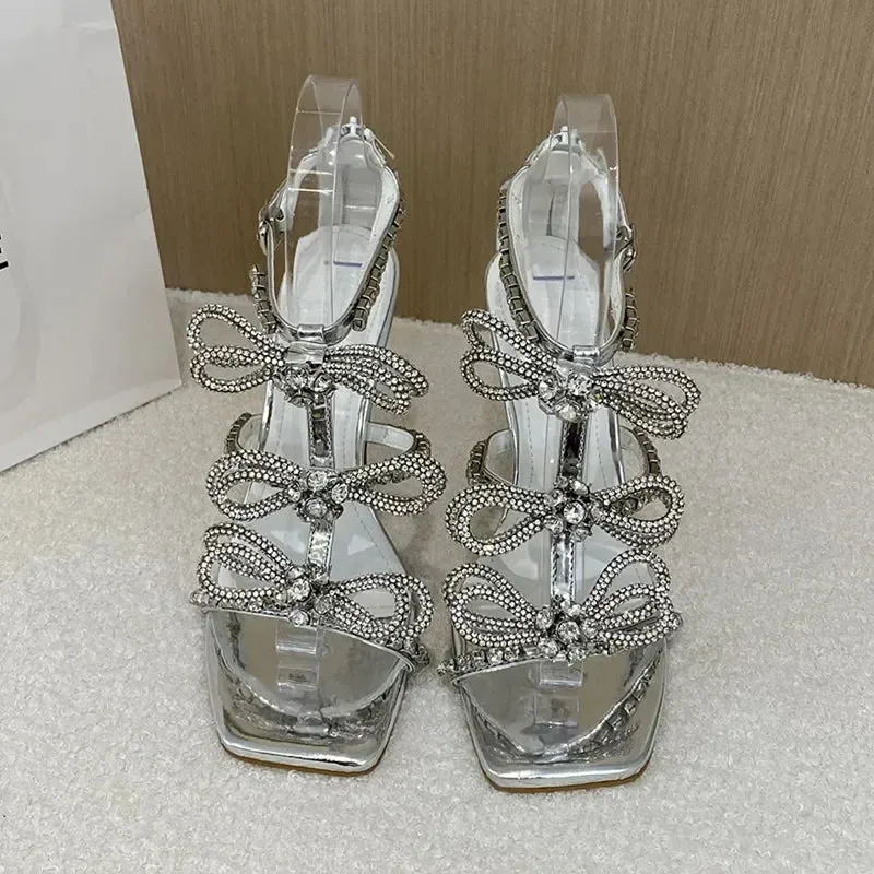Amozae-Luxury Rhinestones Butterfly Sandals Women Pumps Sexy Sling Back Thin Heels Gladiator Sandal Summer Crystal Party Heeled Sandals