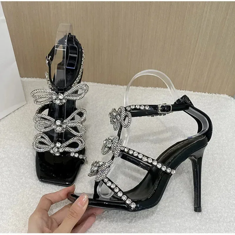 Amozae-Luxury Rhinestones Butterfly Sandals Women Pumps Sexy Sling Back Thin Heels Gladiator Sandal Summer Crystal Party Heeled Sandals