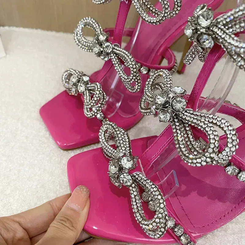 Amozae-Luxury Rhinestones Butterfly Sandals Women Pumps Sexy Sling Back Thin Heels Gladiator Sandal Summer Crystal Party Heeled Sandals