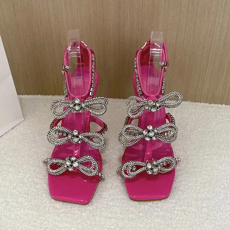 Amozae-Luxury Rhinestones Butterfly Sandals Women Pumps Sexy Sling Back Thin Heels Gladiator Sandal Summer Crystal Party Heeled Sandals