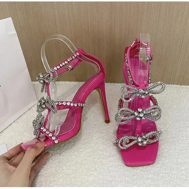 Amozae-Luxury Rhinestones Butterfly Sandals Women Pumps Sexy Sling Back Thin Heels Gladiator Sandal Summer Crystal Party Heeled Sandals