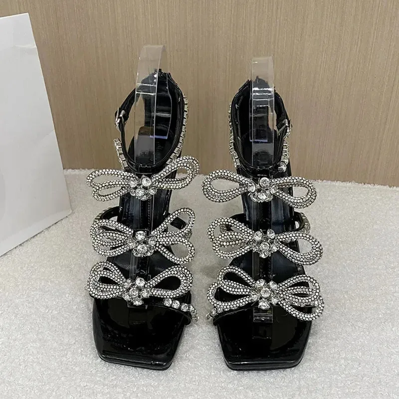 Amozae-Luxury Rhinestones Butterfly Sandals Women Pumps Sexy Sling Back Thin Heels Gladiator Sandal Summer Crystal Party Heeled Sandals