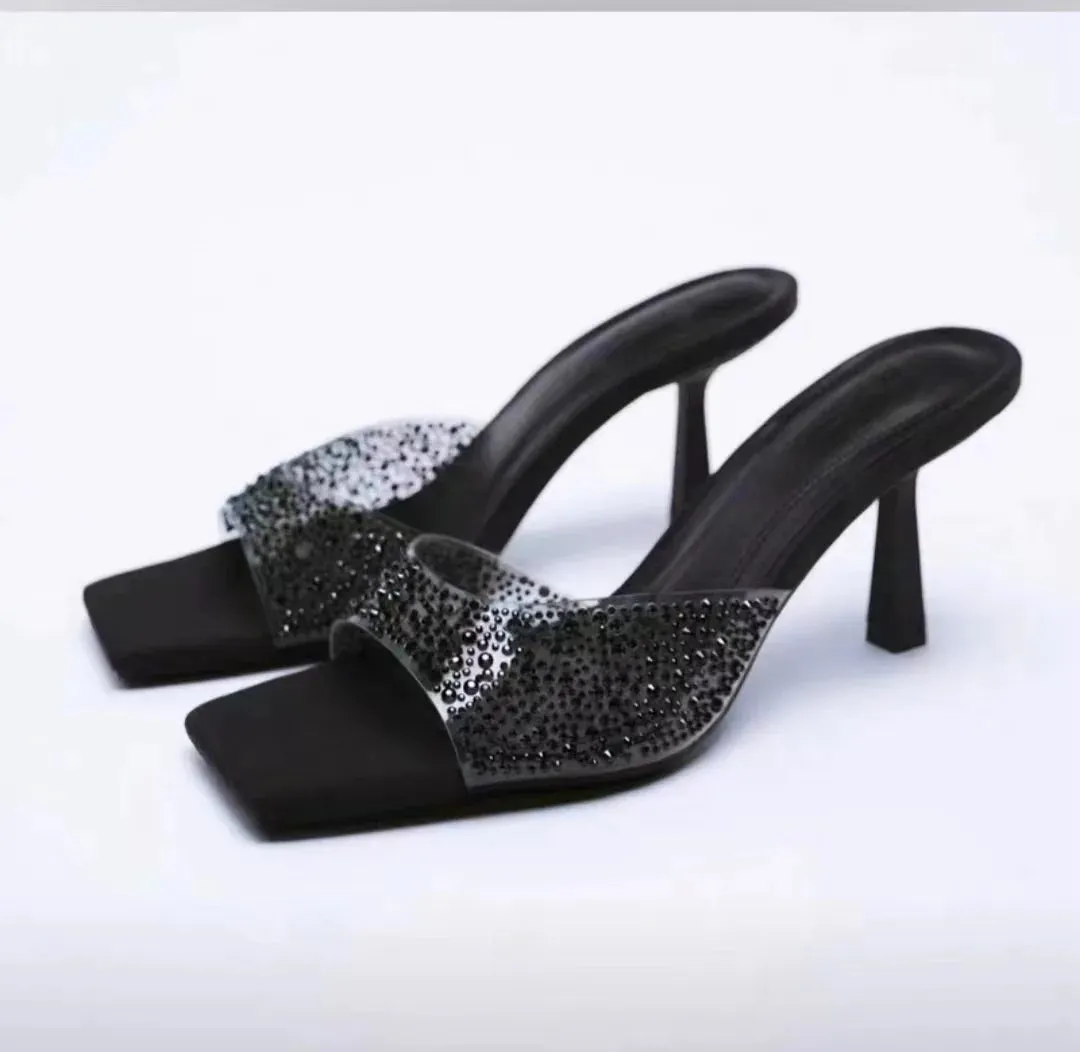 Amozae-Metal Chain Transparently Slipper Women High Heel Sandals 2023 Summer New Open Toe Slides Women Rome Cowboys Designer Sandals