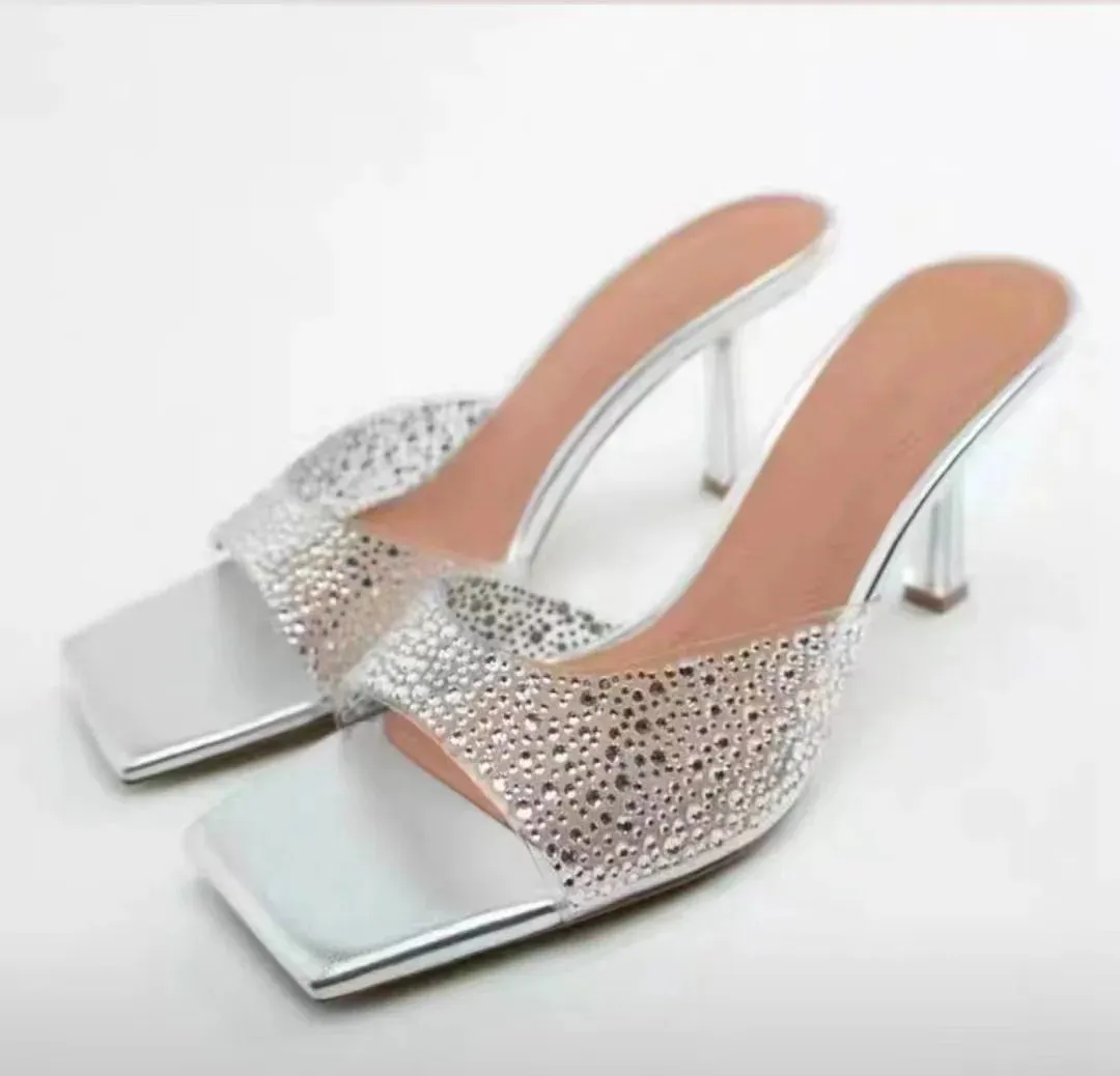Amozae-Metal Chain Transparently Slipper Women High Heel Sandals 2023 Summer New Open Toe Slides Women Rome Cowboys Designer Sandals