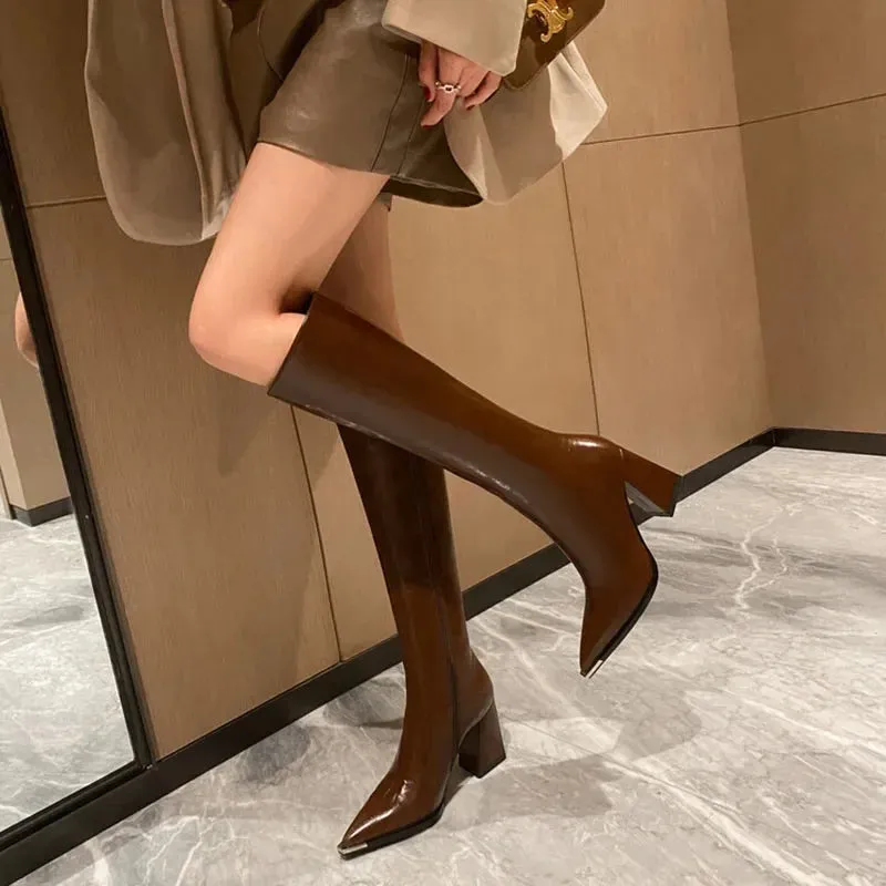 Amozae-Pointed Toe Women High Boots Fashion Side Zippers Long Booties Ladies Elegant Party High Heel Shoes Winter Women's Footwear