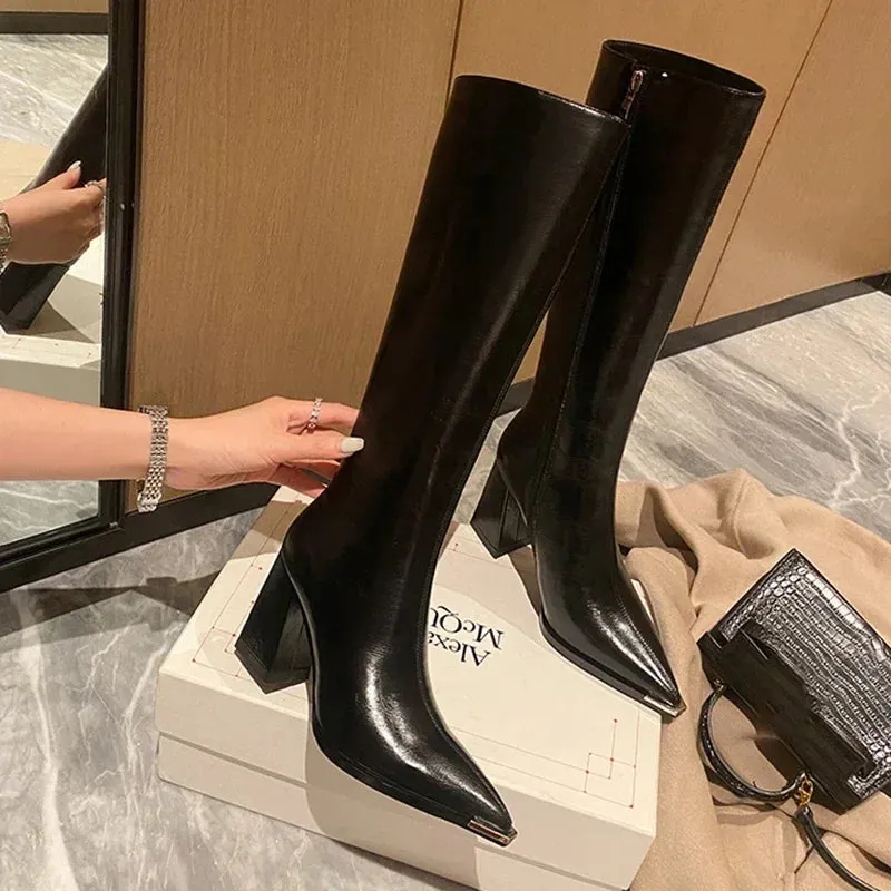 Amozae-Pointed Toe Women High Boots Fashion Side Zippers Long Booties Ladies Elegant Party High Heel Shoes Winter Women's Footwear