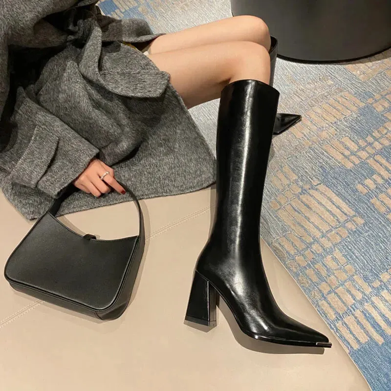 Amozae-Pointed Toe Women High Boots Fashion Side Zippers Long Booties Ladies Elegant Party High Heel Shoes Winter Women's Footwear