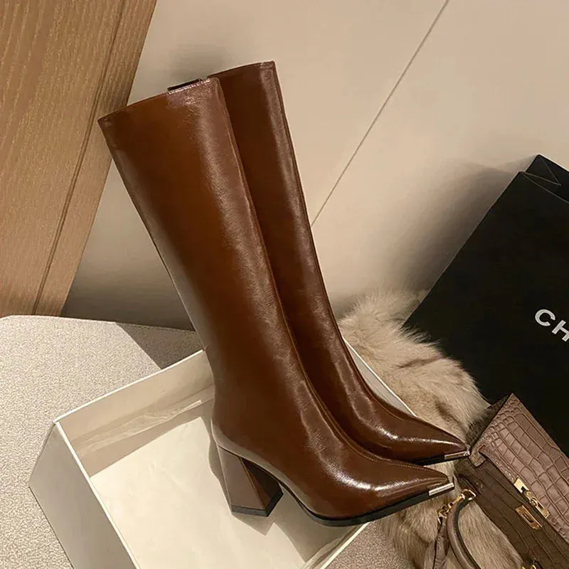Amozae-Pointed Toe Women High Boots Fashion Side Zippers Long Booties Ladies Elegant Party High Heel Shoes Winter Women's Footwear