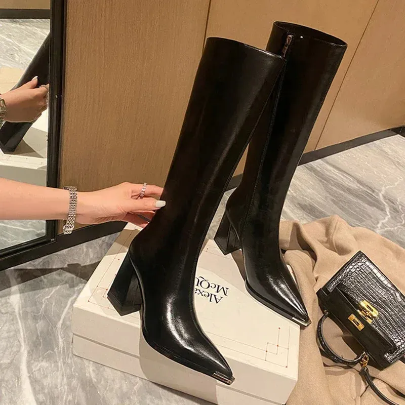Amozae-Pointed Toe Women High Boots Fashion Side Zippers Long Booties Ladies Elegant Party High Heel Shoes Winter Women's Footwear