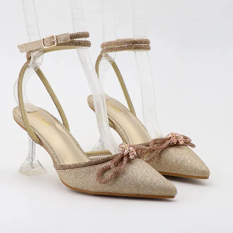 Amozae-Rhinestone Luxury High Heeled Sandals Women's New Summer Pointed Toe Elegant Office Women's Shoes Fashion Gold Party Dress Shoes