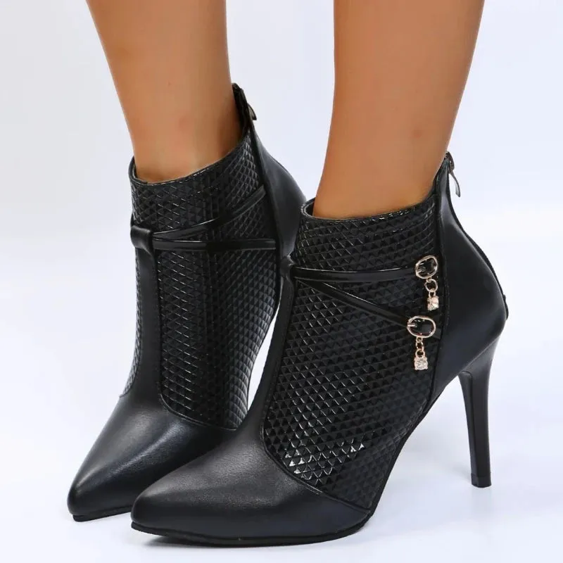 Amozae-Thin High Heel Ankle Boots Women Pointed Toe Snake Print Sexy Short Boots Skintight Black New 2023 Winter Boots Plus Size 42