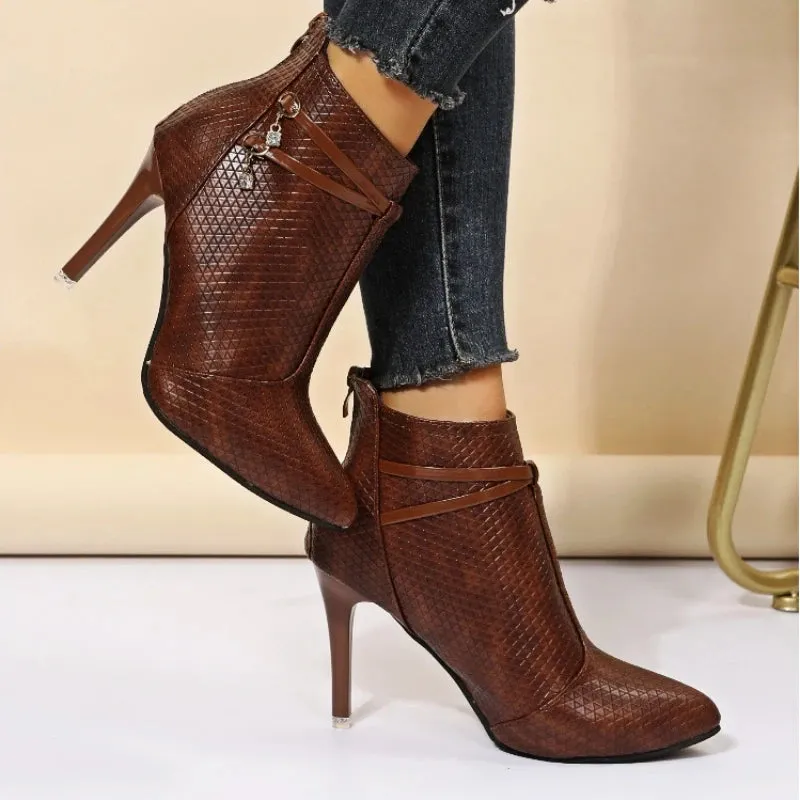 Amozae-Thin High Heel Ankle Boots Women Pointed Toe Snake Print Sexy Short Boots Skintight Black New 2023 Winter Boots Plus Size 42