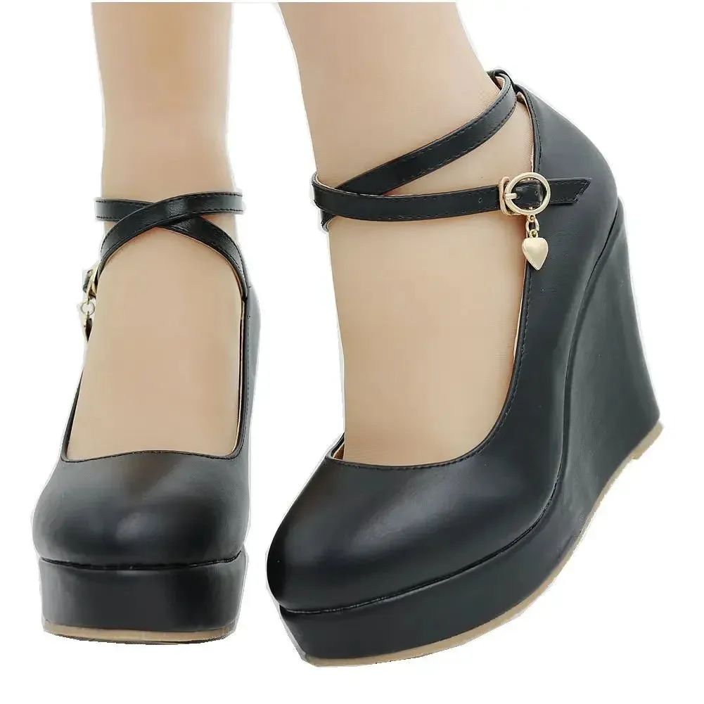 Amozae-Wedge Mary Jane Women Pumps 2024 Trend High Heels Black Chunky Lolita Single Shoe PU Leather Leisure Comfy Platform Shoes Female