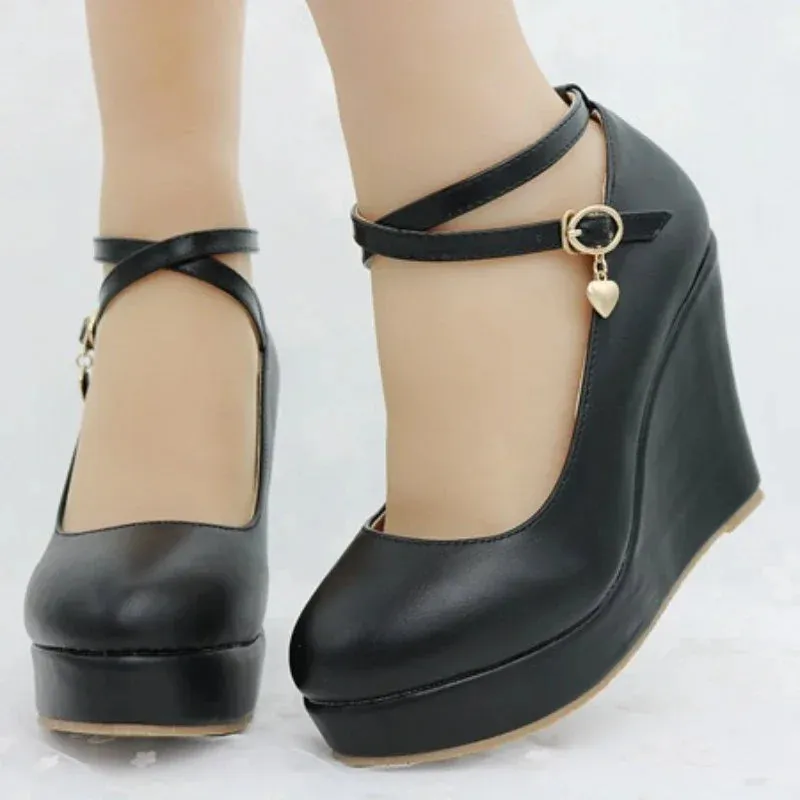 Amozae-Wedge Mary Jane Women Pumps 2024 Trend High Heels Black Chunky Lolita Single Shoe PU Leather Leisure Comfy Platform Shoes Female