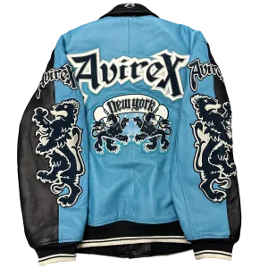 ARCHIVE Avirex New York Dragons Leather Jacket In Navy & Baby Blue ( XXL )