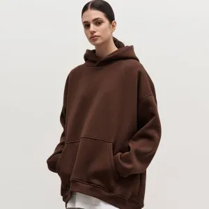 Athletic Style Oversized Drop Shoulder Winter Hooded Sweatshirt - Coffee