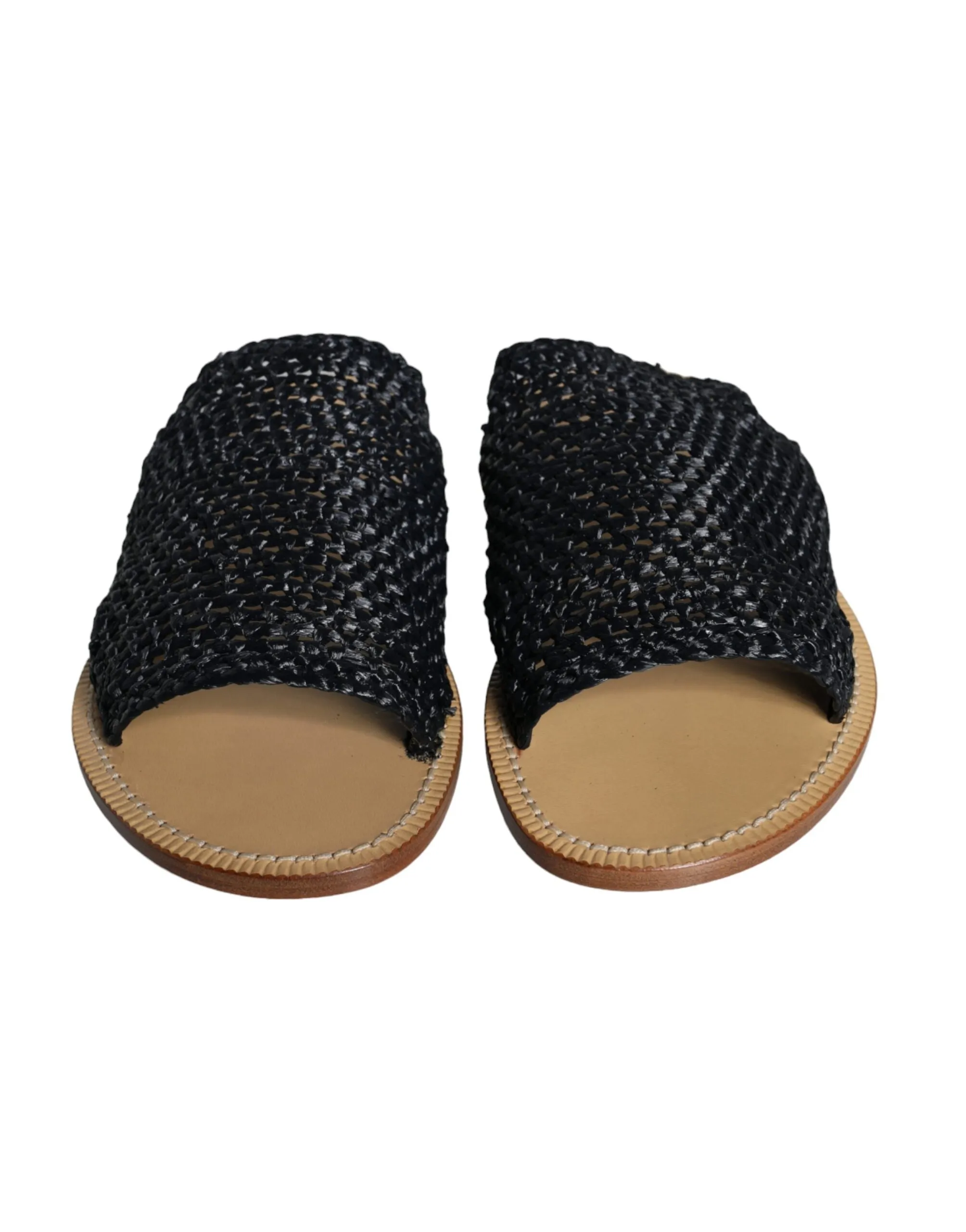 Black Monochrome Braided Raffia Slides Shoes