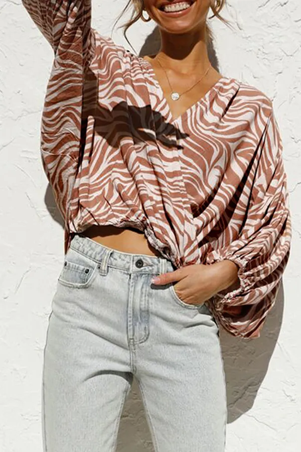 Casual Animal Print Split Joint Asymmetrical V Neck Tops