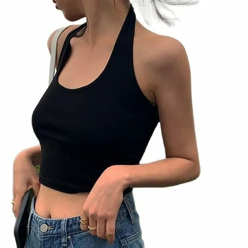 Cotton Sexy Backless Black White Tank Tops Halter Streetwear Vest