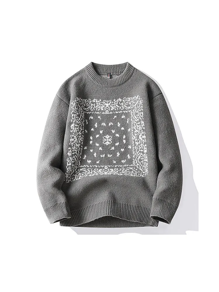 Crew Neck Sweater Men Loose Print Thickening Knitting Sweater