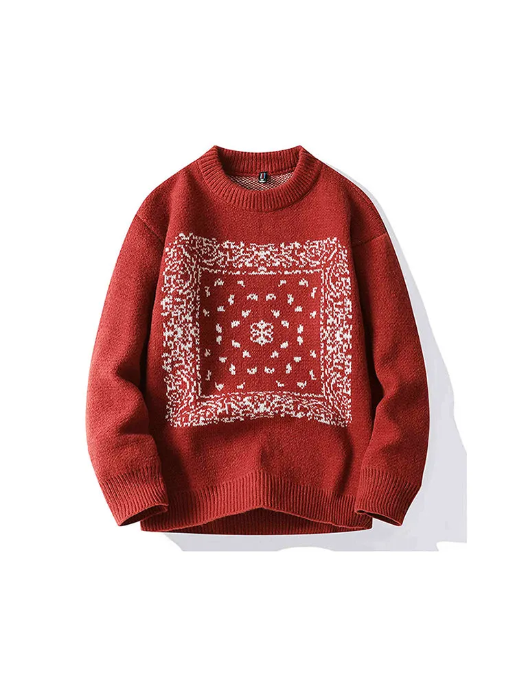Crew Neck Sweater Men Loose Print Thickening Knitting Sweater