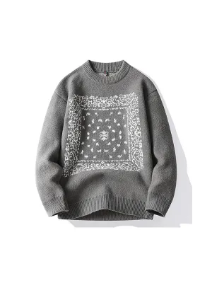 Crew Neck Sweater Men Loose Print Thickening Knitting Sweater