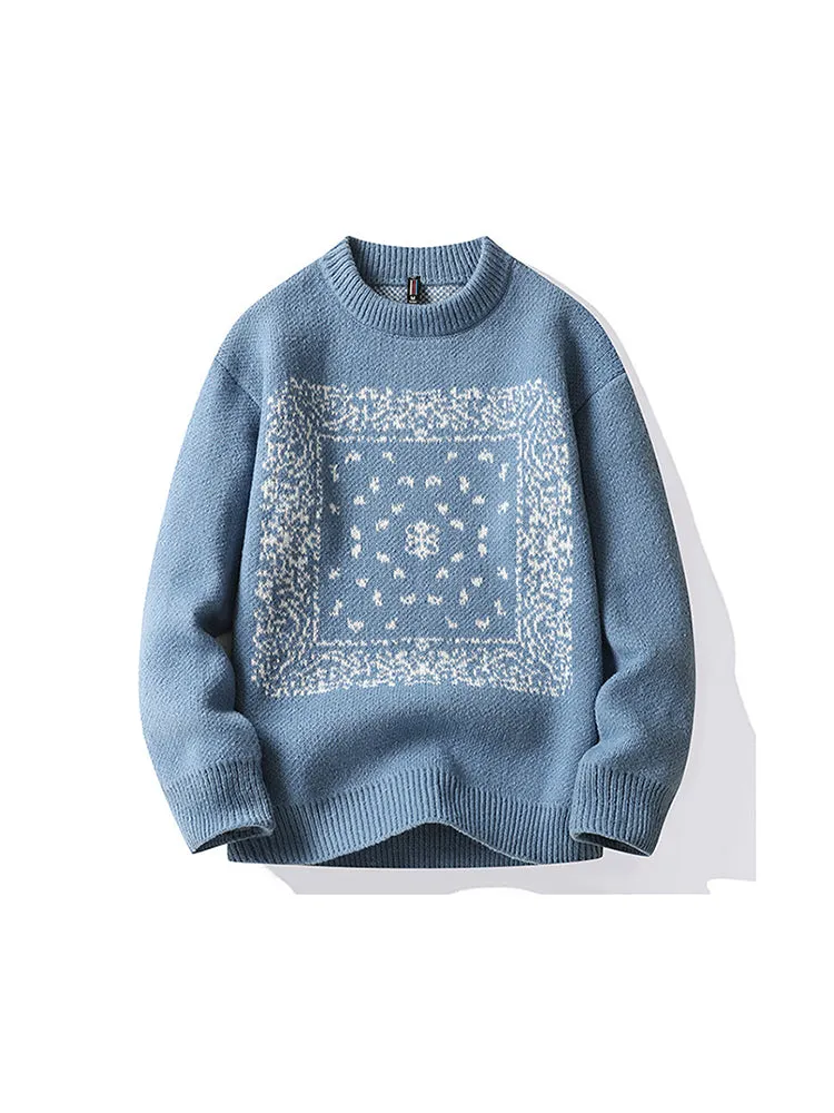 Crew Neck Sweater Men Loose Print Thickening Knitting Sweater