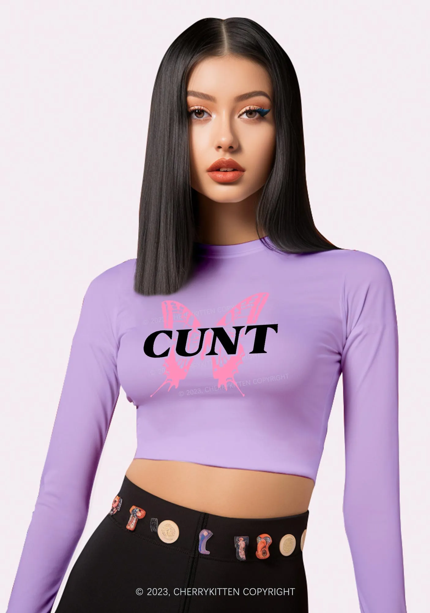 Cunt Butterfly Long Sleeve Crop Top Cherrykitten