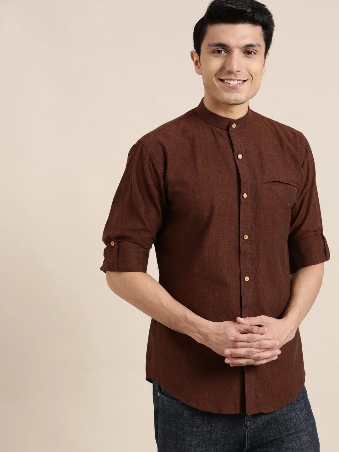 Dark Brown Men Cotton Full Shirt
