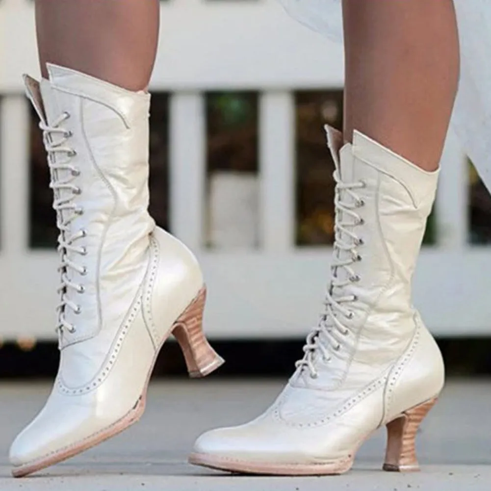 DoraTasia Big Size 35-43 Female Mid Calf Boots Pointed Toe Cross Tied Thick High Heels Boots Women Retro Autumn Shoes Woman
