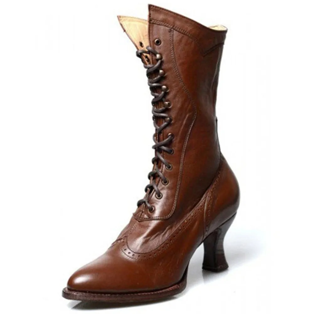 DoraTasia Big Size 35-43 Female Mid Calf Boots Pointed Toe Cross Tied Thick High Heels Boots Women Retro Autumn Shoes Woman