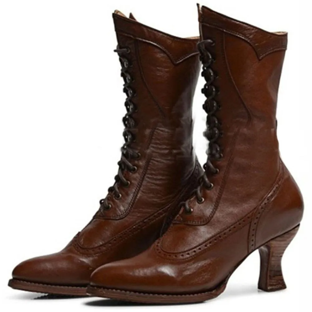 DoraTasia Big Size 35-43 Female Mid Calf Boots Pointed Toe Cross Tied Thick High Heels Boots Women Retro Autumn Shoes Woman