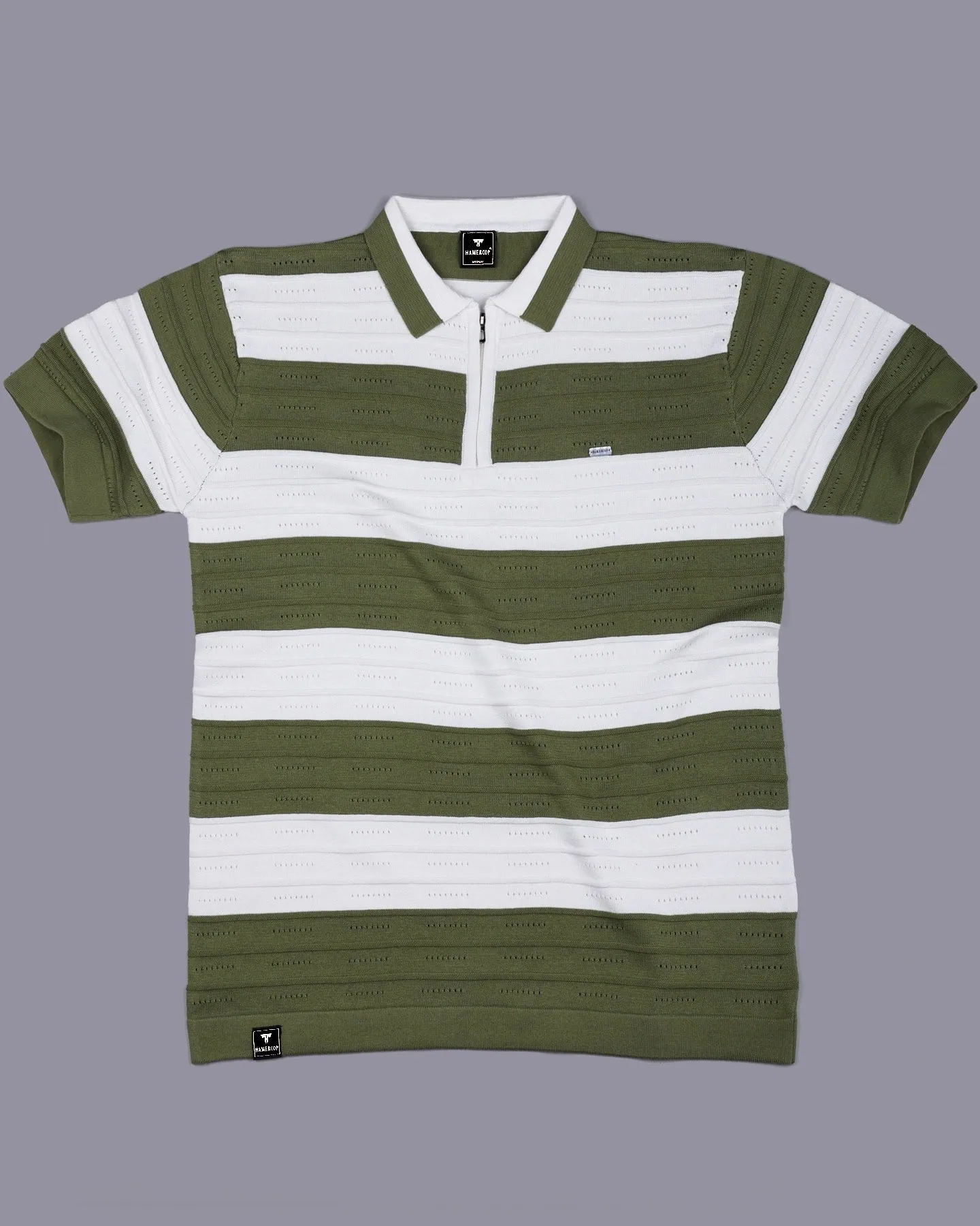 Eclair Green Knitted Cotton Zipper Polo T-Shirt