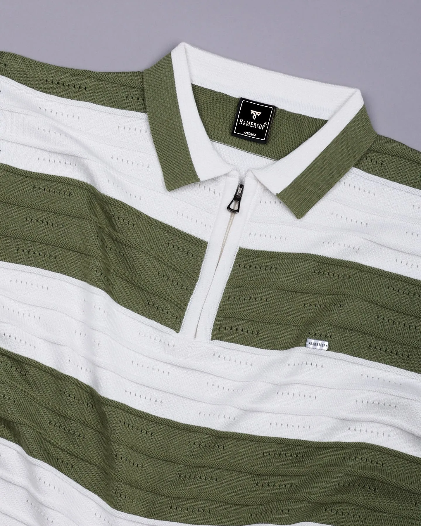 Eclair Green Knitted Cotton Zipper Polo T-Shirt