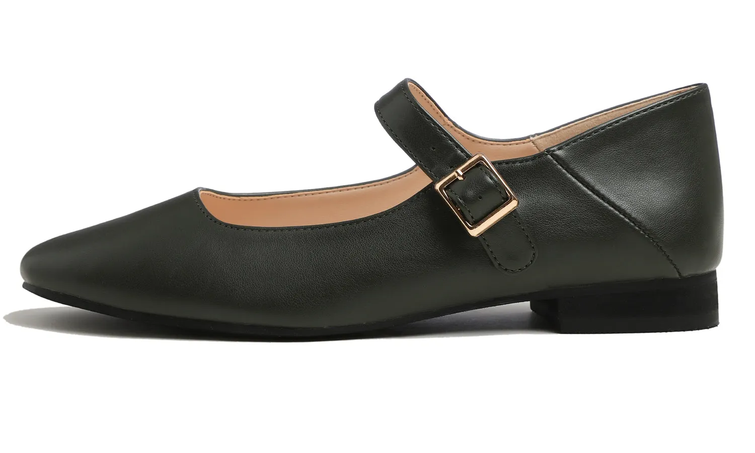 Feversole Women's Mary Jane Fashion Square Toe Easy Buckle Low Heel Slip On Flats Dark Green Vegan Leather