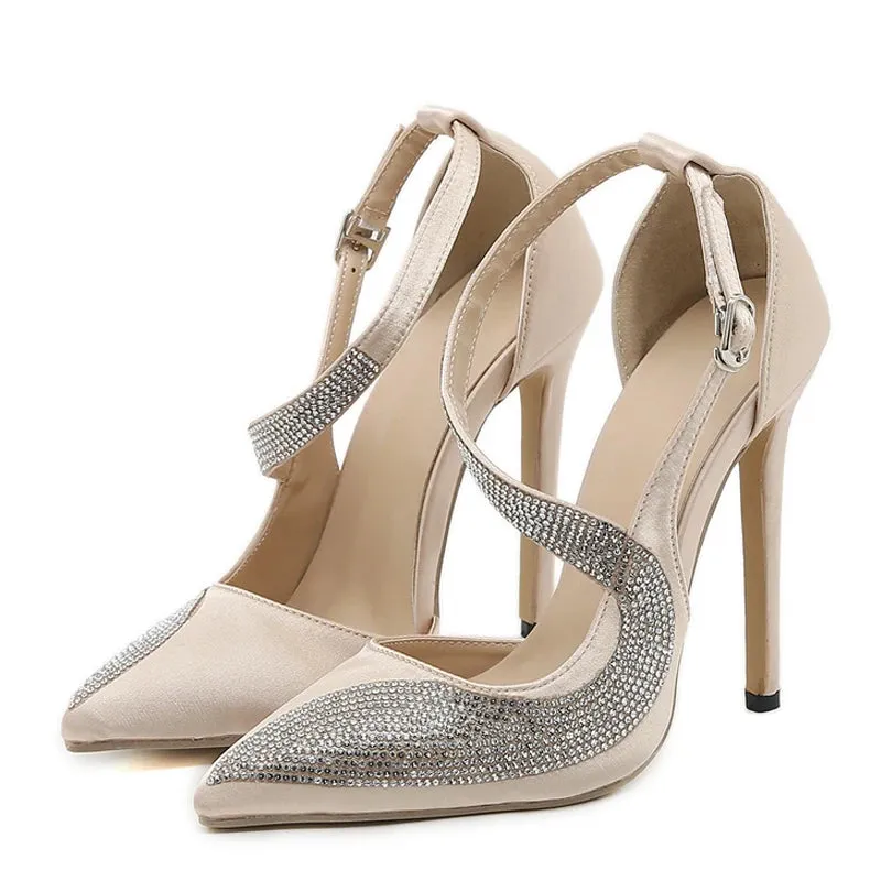 Liyke New Fashion Crystal Rhinestone High Heels Women Office Shoes Sexy Pointed Toe Buckle Strap Stiletto Sandals Dress Pumps
