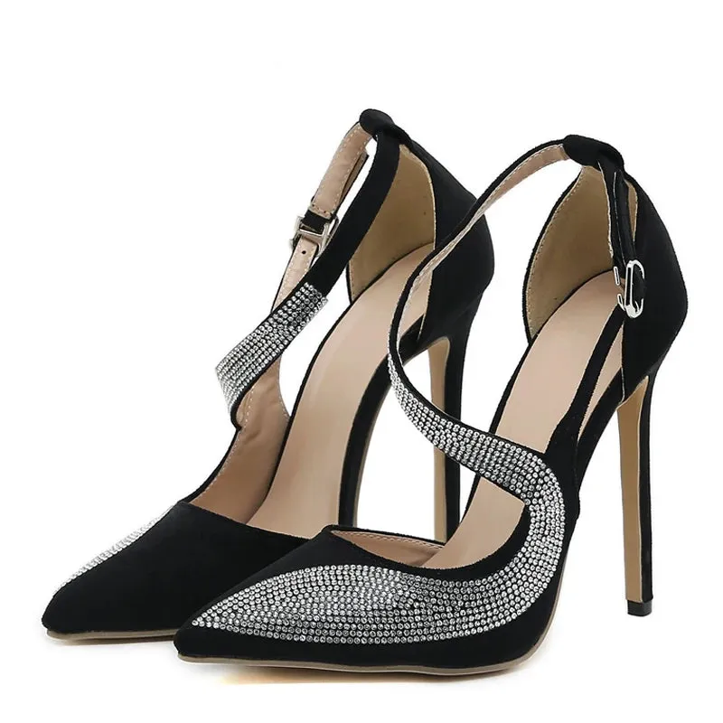 Liyke New Fashion Crystal Rhinestone High Heels Women Office Shoes Sexy Pointed Toe Buckle Strap Stiletto Sandals Dress Pumps