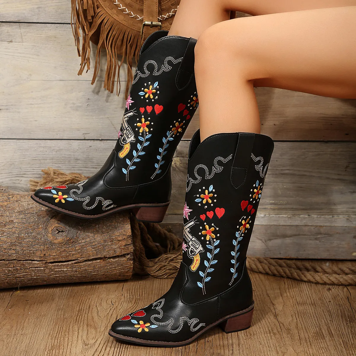 Long Embroidered Chunky Boot